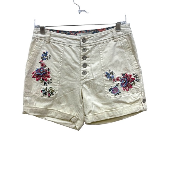 Sundance Pants - Sundance Floral Embroidered Cuffed Khaki Shorts Beige Pockets Womens 2P